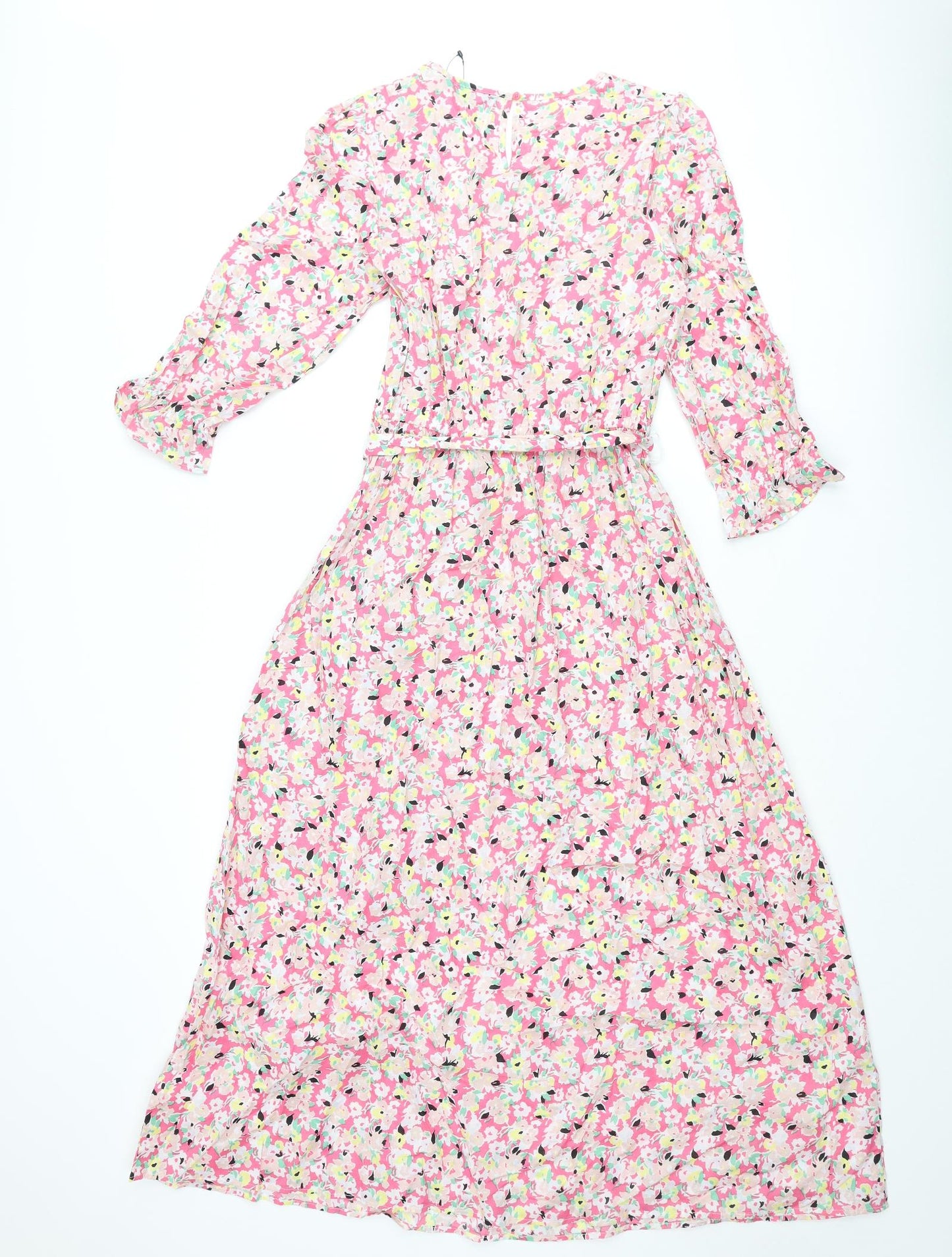 Marks and Spencer Womens Multicoloured Floral Cotton A-Line Size 8 Round Neck Button - Belted