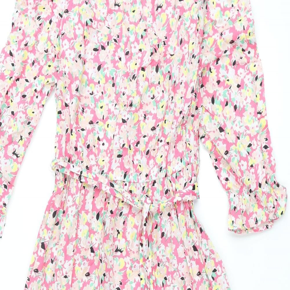Marks and Spencer Womens Multicoloured Floral Cotton A-Line Size 8 Round Neck Button - Belted