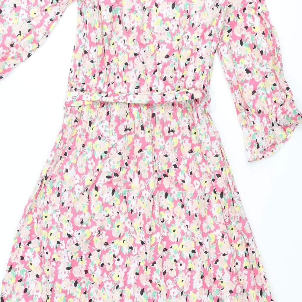 Marks and Spencer Womens Multicoloured Floral Cotton A-Line Size 8 Round Neck Button - Belted