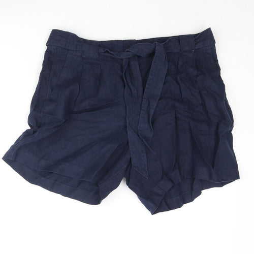 Marks and Spencer Womens Blue Linen Basic Shorts Size 18 L4 in Regular Zip - Belted