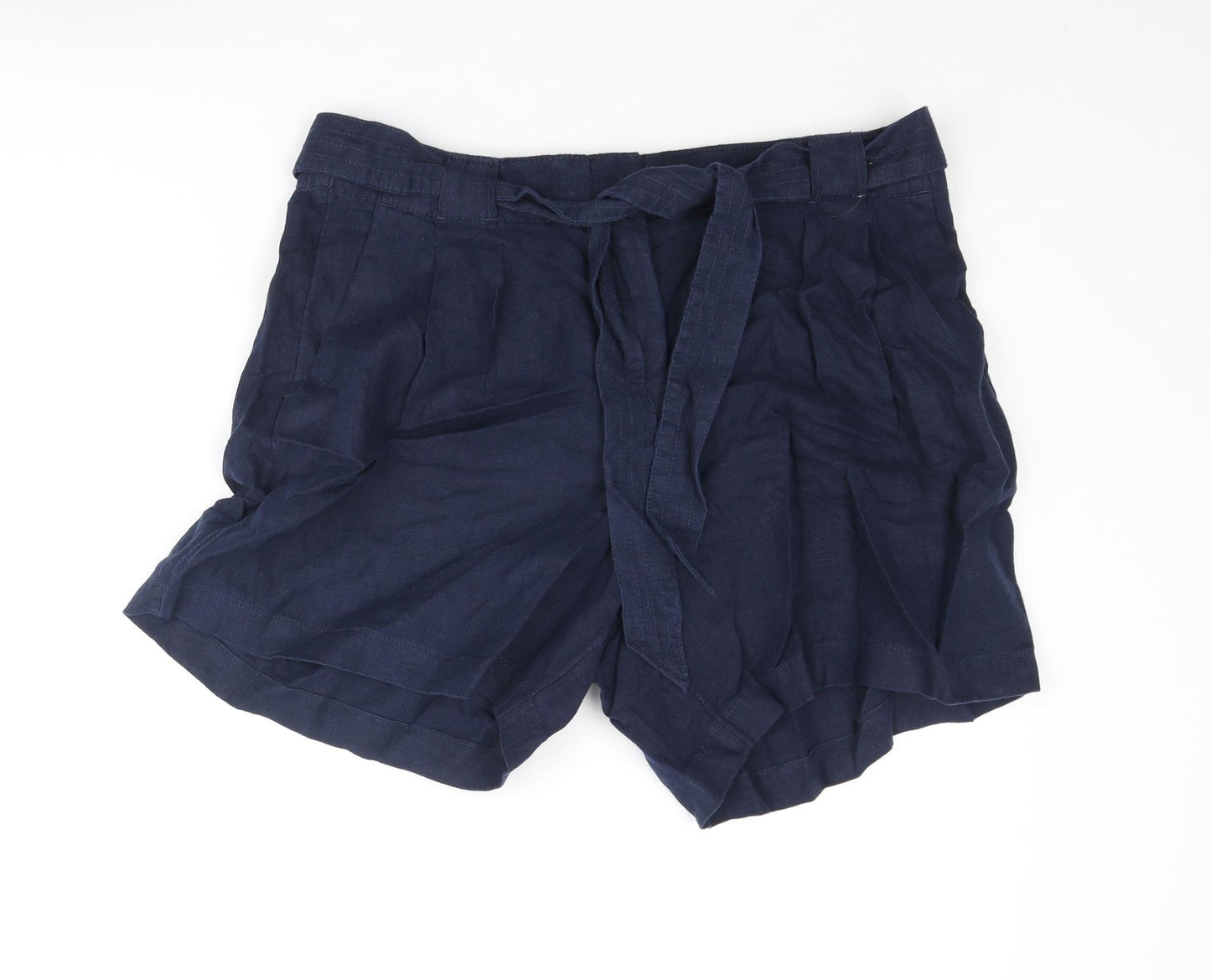 Marks and Spencer Womens Blue Linen Basic Shorts Size 18 L4 in Regular Zip - Belted
