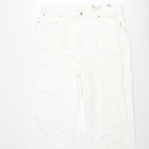 Marks and Spencer Womens White Cotton Wide-Leg Jeans Size 22 L25 in Regular Zip - Raw Hem