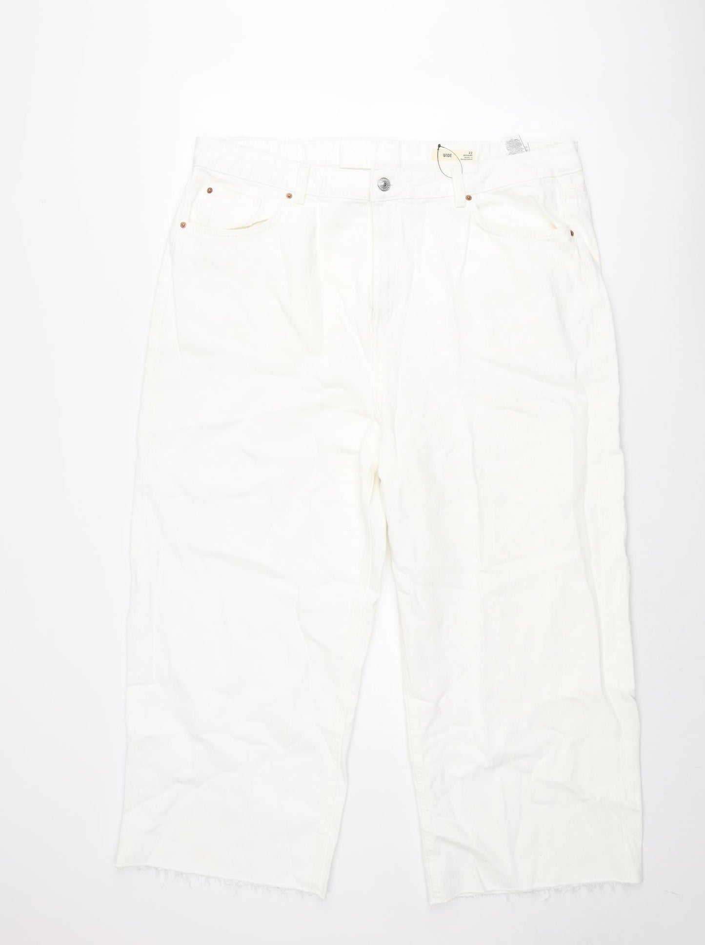 Marks and Spencer Womens White Cotton Wide-Leg Jeans Size 22 L25 in Regular Zip - Raw Hem