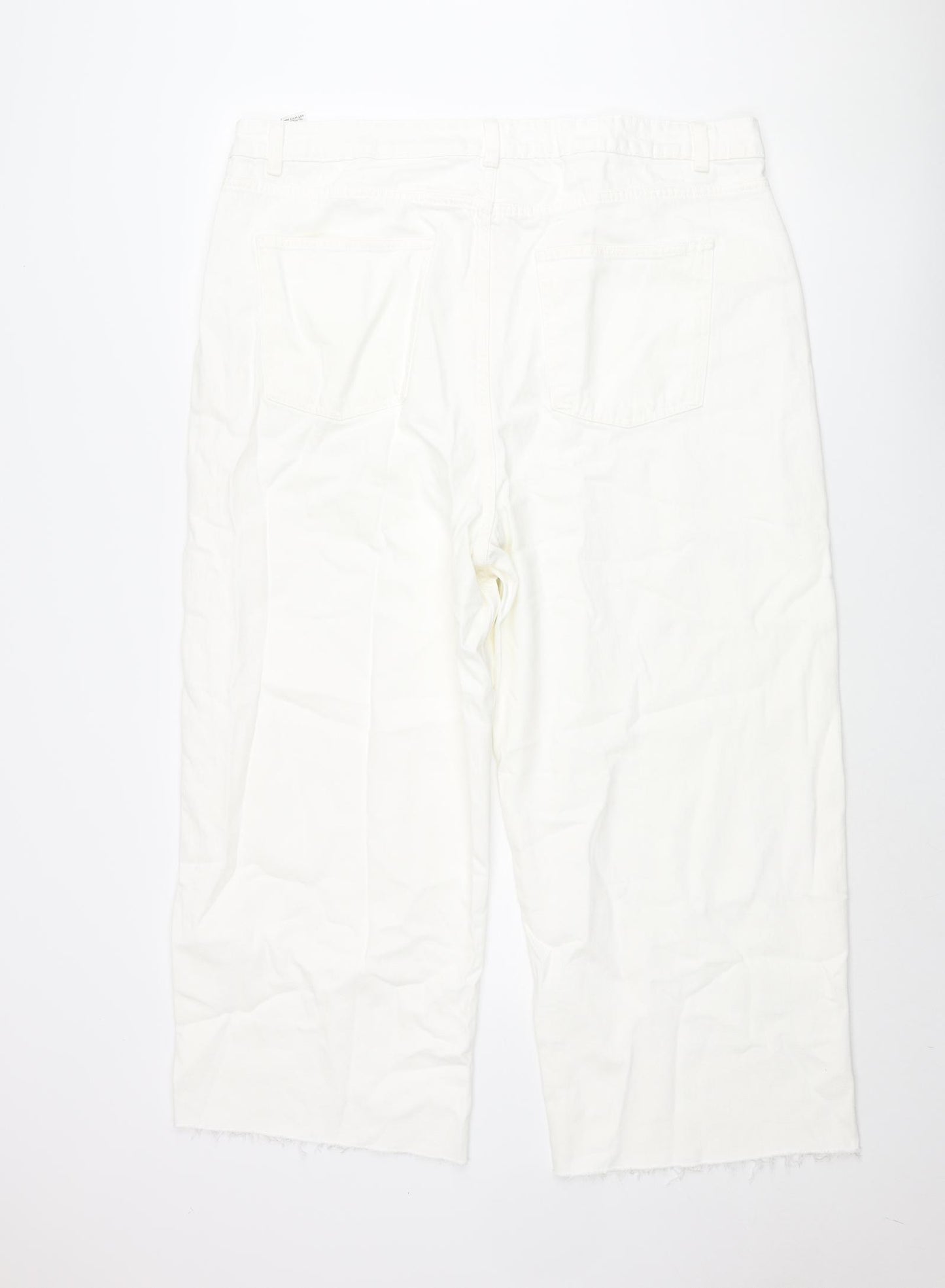 Marks and Spencer Womens White Cotton Wide-Leg Jeans Size 22 L25 in Regular Zip - Raw Hem