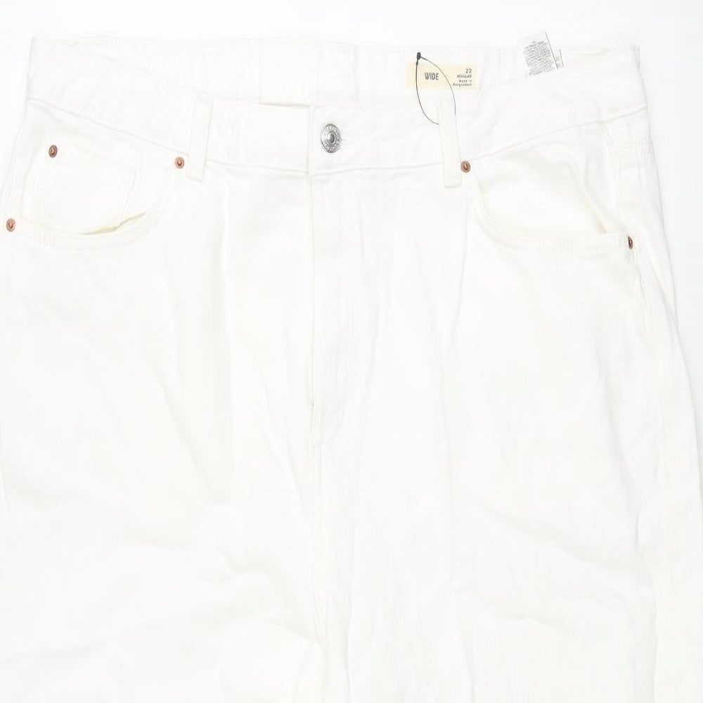 Marks and Spencer Womens White Cotton Wide-Leg Jeans Size 22 L25 in Regular Zip - Raw Hem