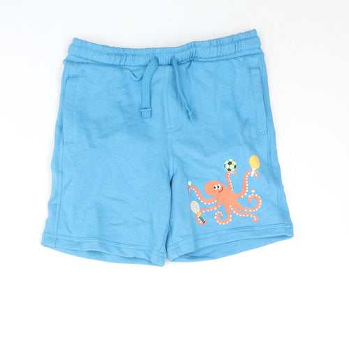 Marks and Spencer Boys Blue Cotton Sweat Shorts Size 7-8 Years Regular Drawstring - Octopus Print