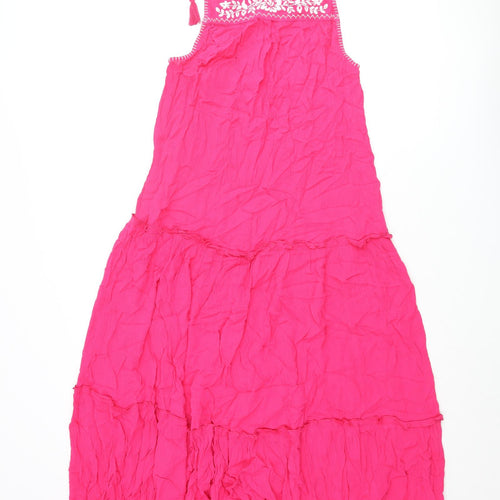 Marks and Spencer Womens Pink Viscose Maxi Size 8 Square Neck Tie - Floral Embroidery Tassle Straps