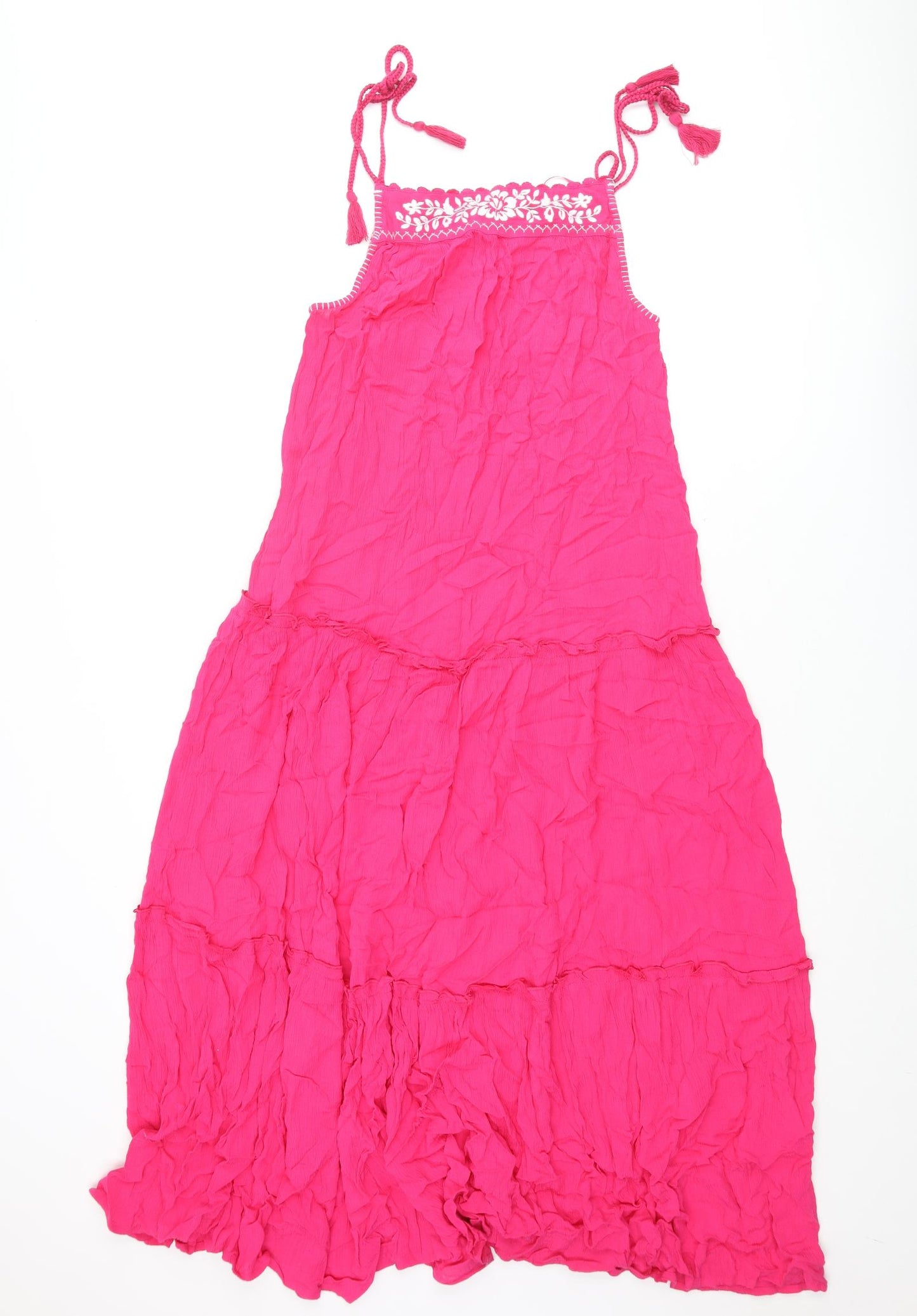 Marks and Spencer Womens Pink Viscose Maxi Size 8 Square Neck Tie - Floral Embroidery Tassle Straps
