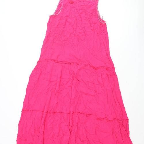 Marks and Spencer Womens Pink Viscose Maxi Size 8 Square Neck Tie - Floral Embroidery Tassle Straps