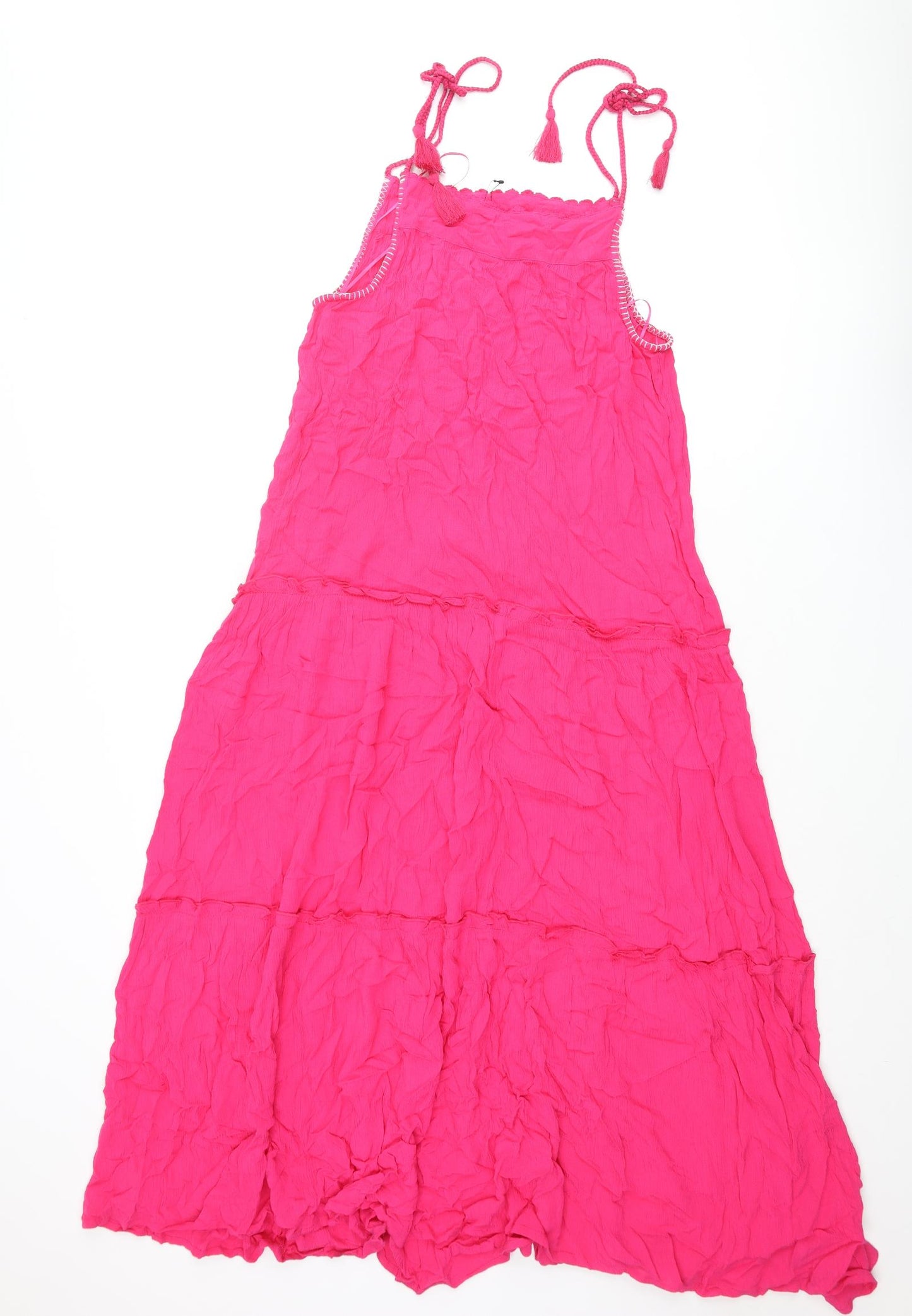 Marks and Spencer Womens Pink Viscose Maxi Size 8 Square Neck Tie - Floral Embroidery Tassle Straps