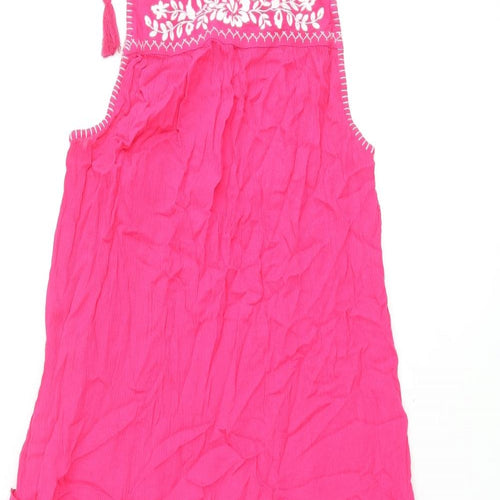 Marks and Spencer Womens Pink Viscose Maxi Size 8 Square Neck Tie - Floral Embroidery Tassle Straps