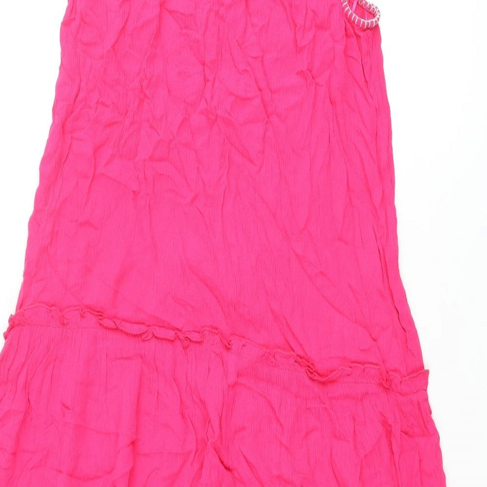 Marks and Spencer Womens Pink Viscose Maxi Size 8 Square Neck Tie - Floral Embroidery Tassle Straps