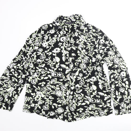 Marks and Spencer Womens Black Floral Viscose Basic Button-Up Size 14 Collared