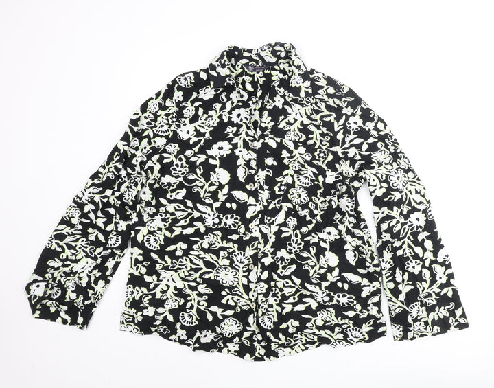 Marks and Spencer Womens Black Floral Viscose Basic Button-Up Size 14 Collared