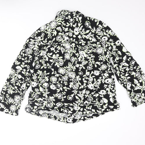 Marks and Spencer Womens Black Floral Viscose Basic Button-Up Size 14 Collared