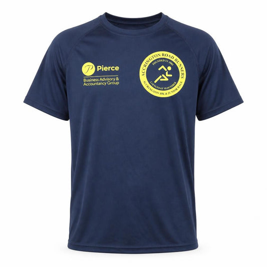 Front view of Roly men’s blue polyester basic t-shirt, size S, crew neck pullover - accrington road runners 10k