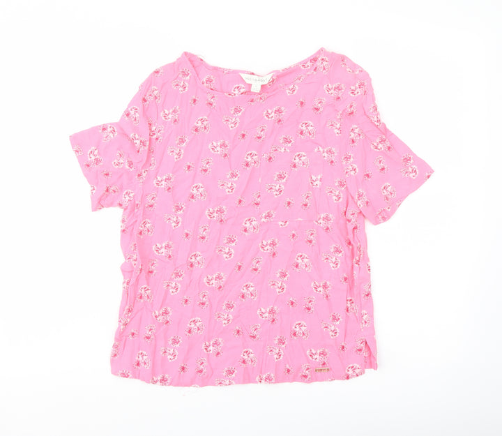 Marks and Spencer Womens Pink Floral Viscose Basic Blouse Size 6 Round Neck