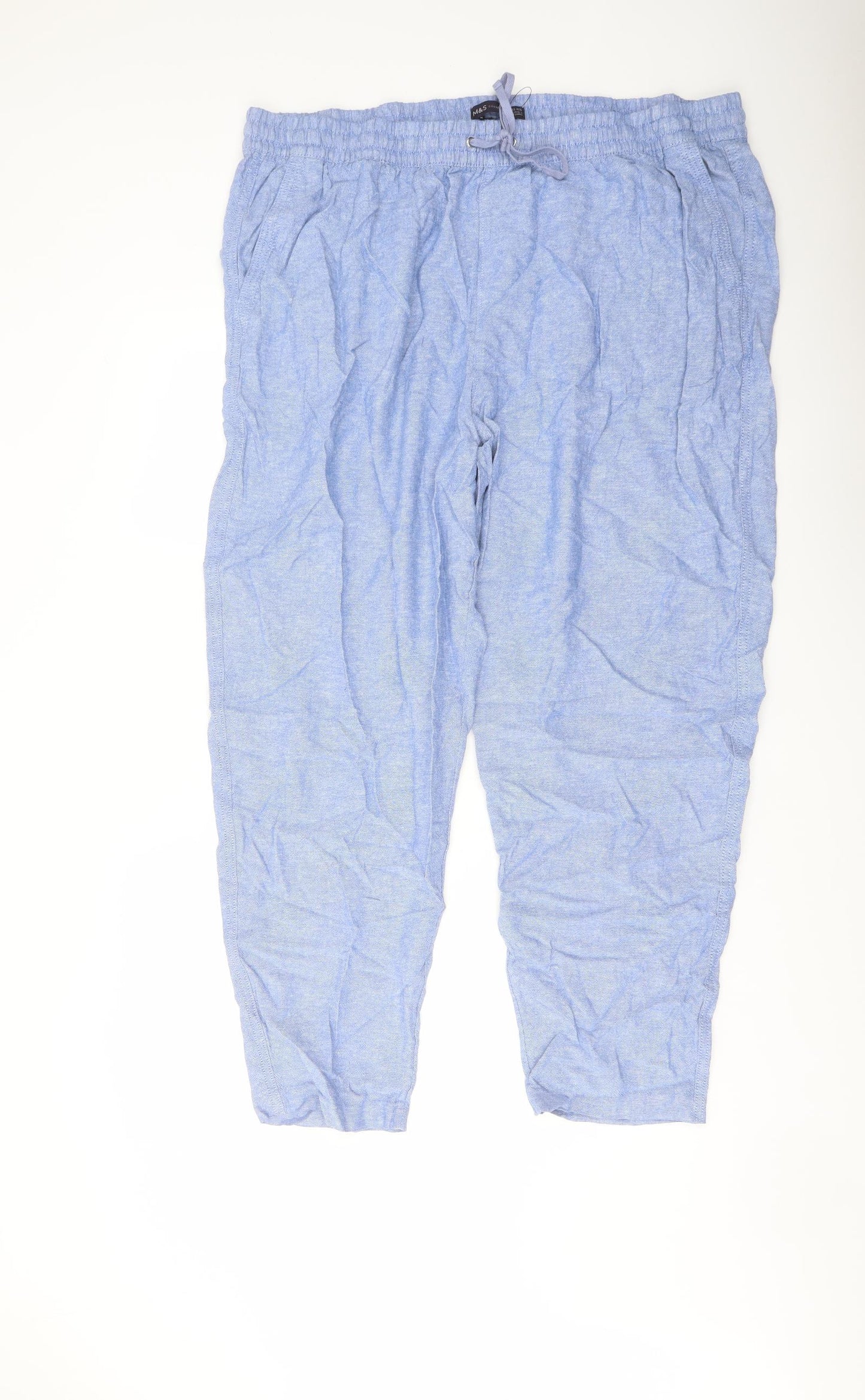 Marks and Spencer Womens Blue Linen Trousers Size 22 L27 in Regular Drawstring