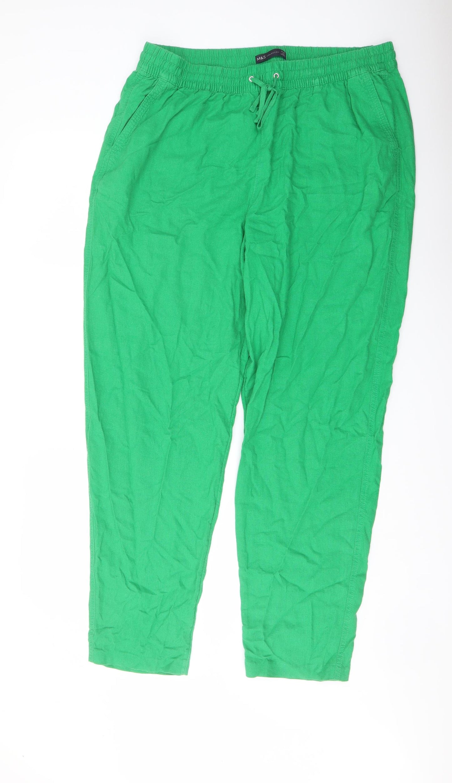 Marks and Spencer Womens Green Linen Trousers Size 18 L30 in Regular Drawstring