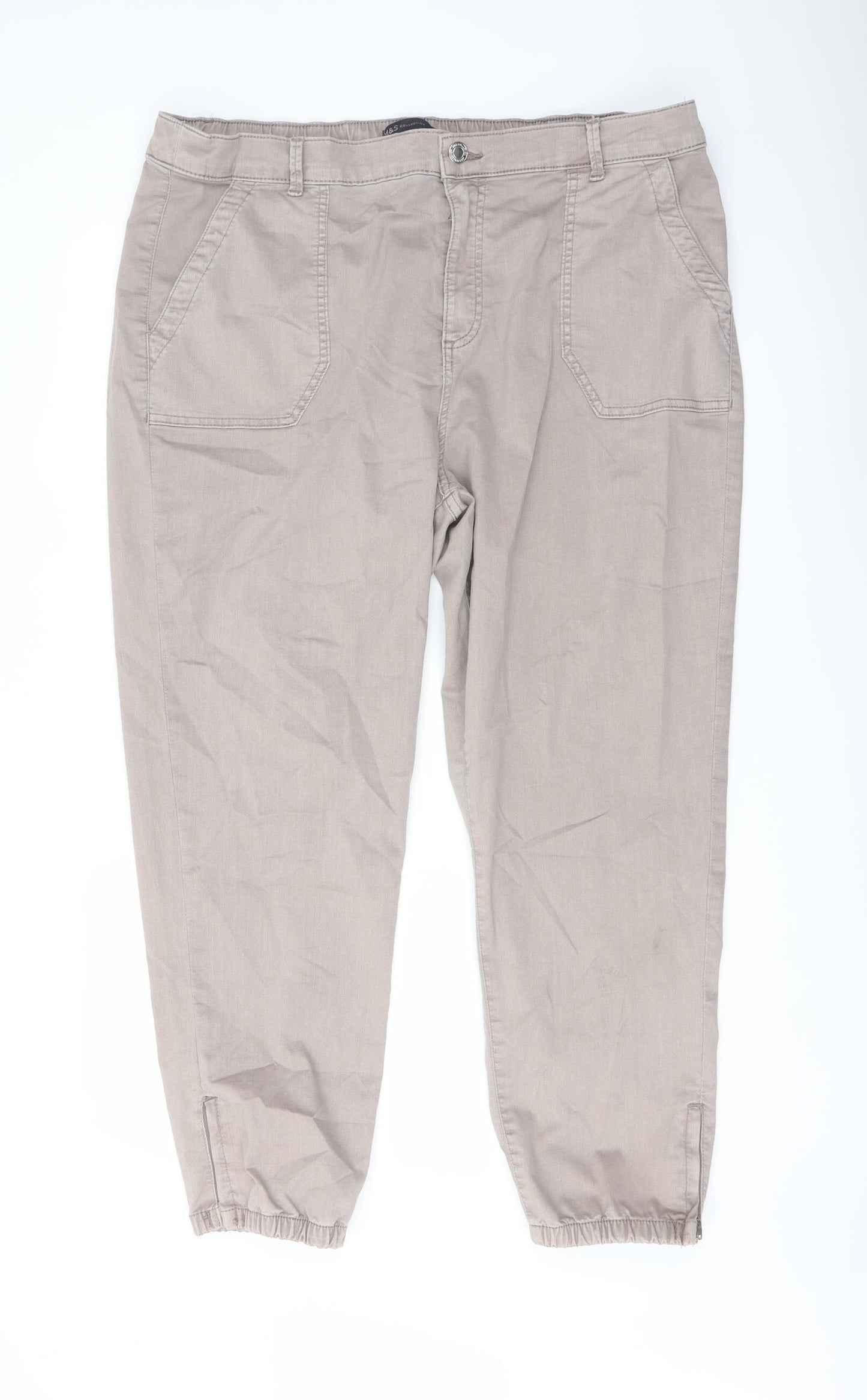 Marks and Spencer Womens Beige Cotton Jogger Trousers Size 20 L27 in Regular Button