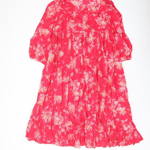 Per Una Womens Pink Floral Cotton Skater Dress Size S V-Neck Pullover