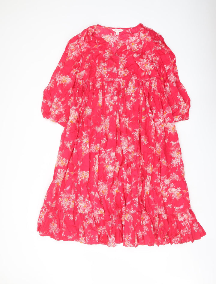 Per Una Womens Pink Floral Cotton Skater Dress Size S V-Neck Pullover