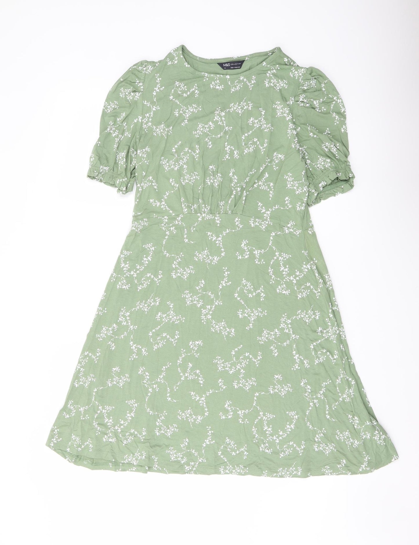 Marks and Spencer Womens Green Floral Viscose A-Line Size 10 Crew Neck Pullover