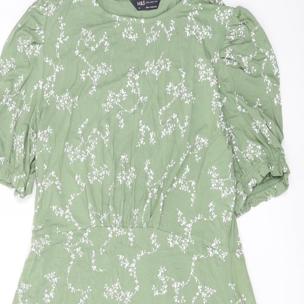 Marks and Spencer Womens Green Floral Viscose A-Line Size 10 Crew Neck Pullover