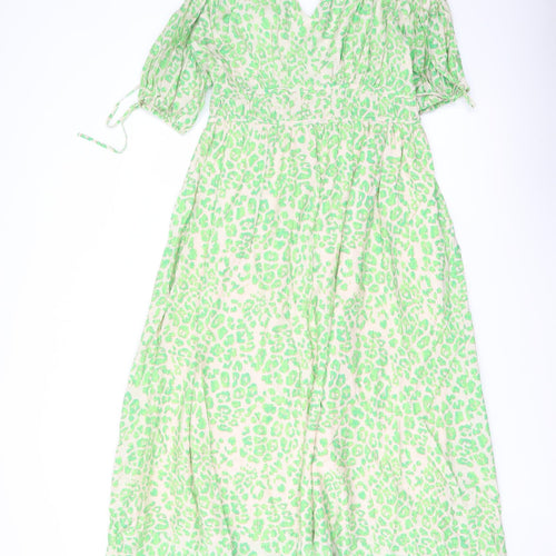 Marks and Spencer Womens Green Animal Print Viscose A-Line Size 12 V-Neck Pullover