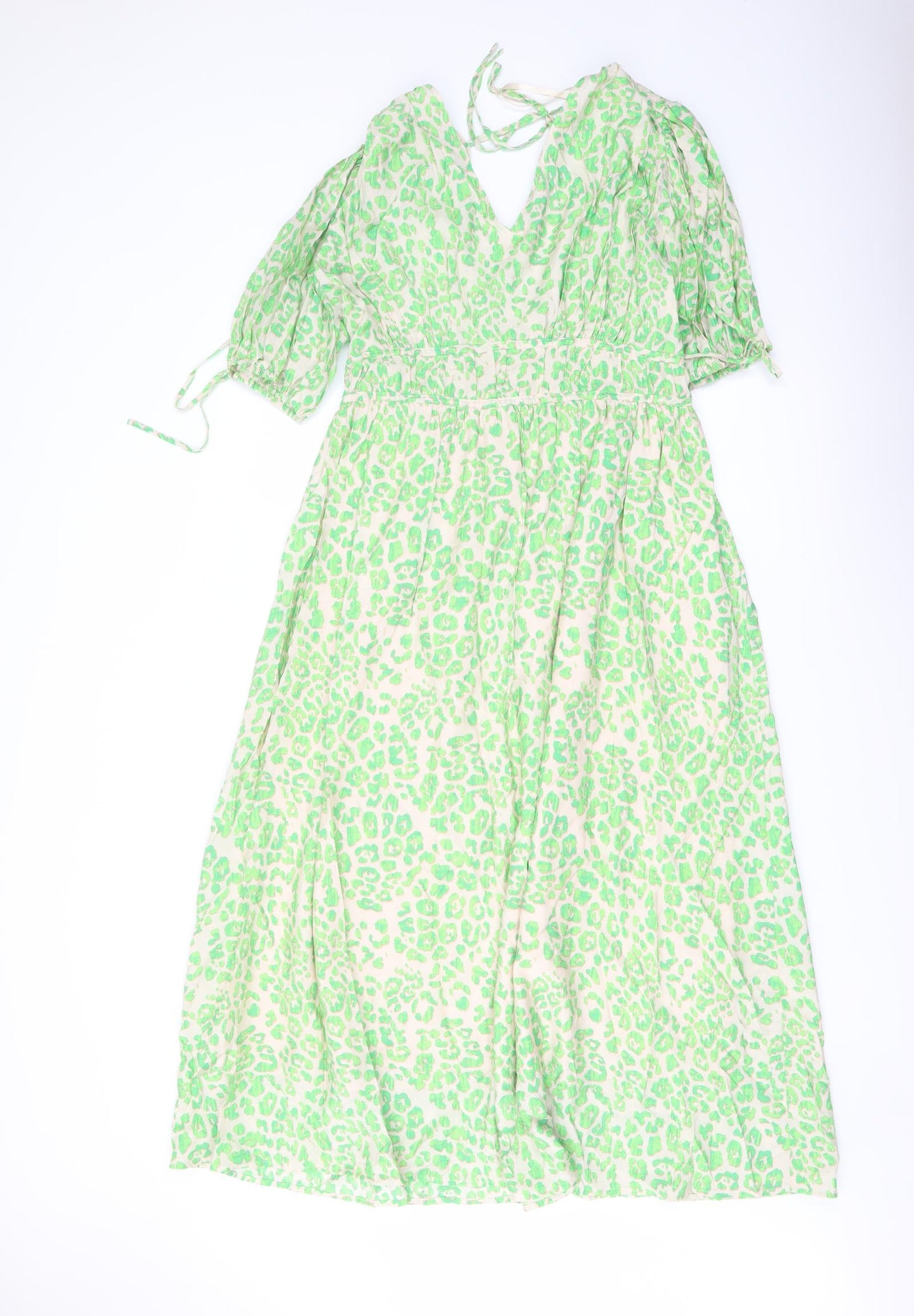 Marks and Spencer Womens Green Animal Print Viscose A-Line Size 12 V-Neck Pullover