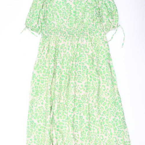 Marks and Spencer Womens Green Animal Print Viscose A-Line Size 12 V-Neck Pullover