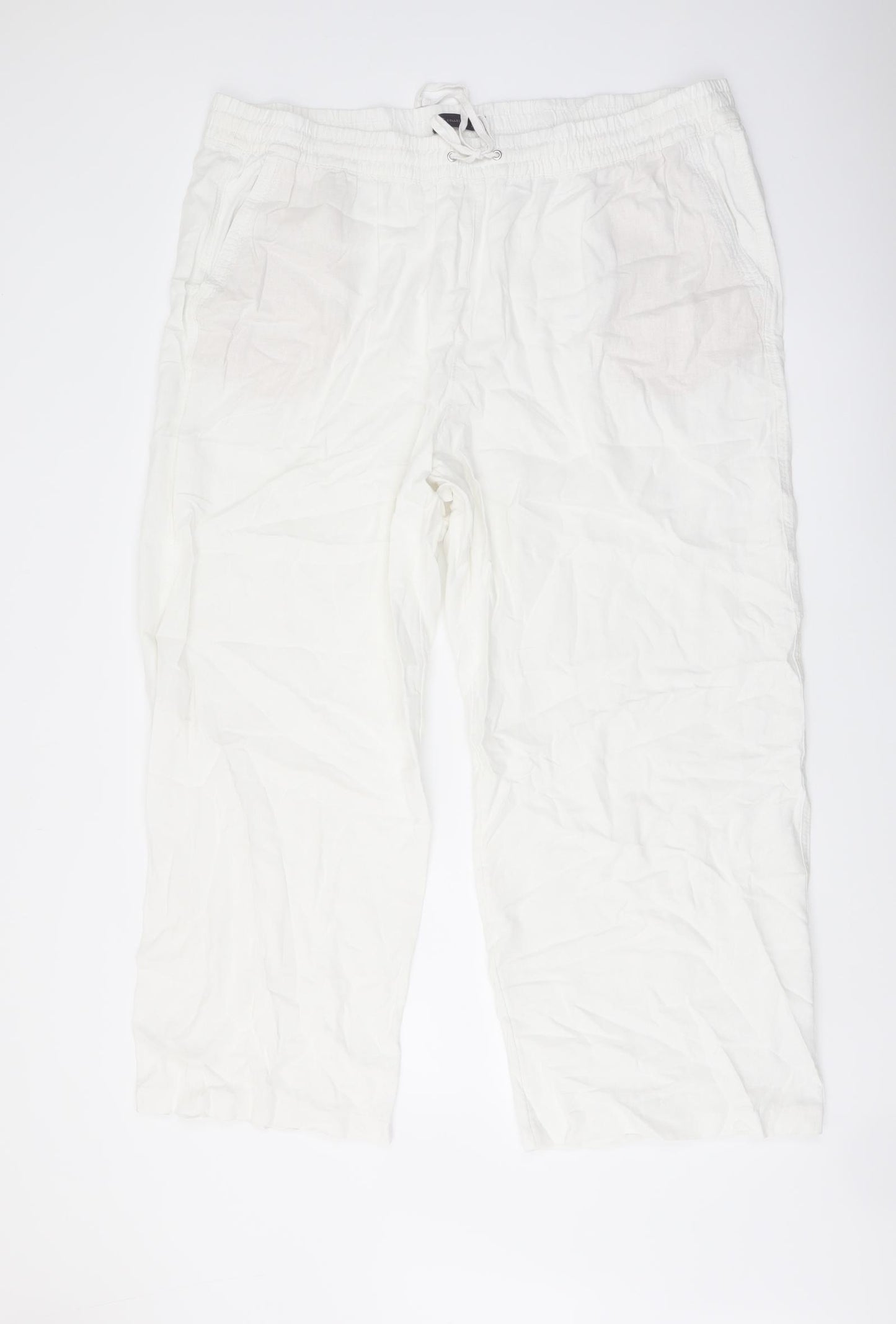 Marks and Spencer Womens White Linen Trousers Size 22 L27 in Regular Drawstring