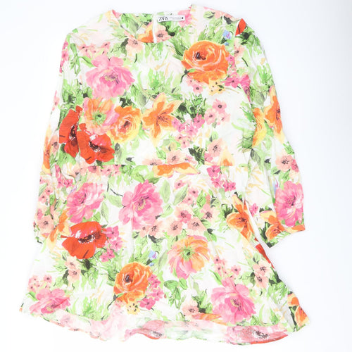 Zara Womens Multicoloured Floral Linen A-Line Size 2XL Crew Neck Zip