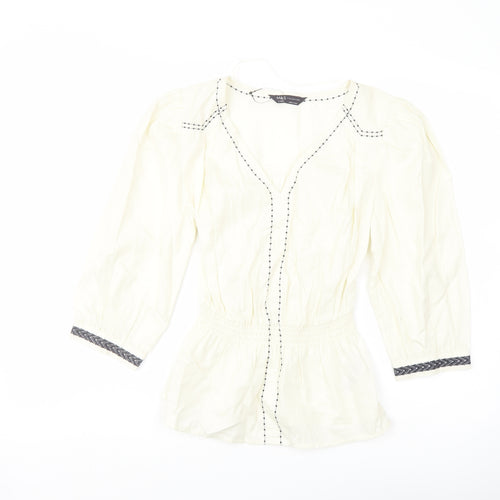 Marks and Spencer Womens Ivory Cotton Basic Blouse Size 6 V-Neck