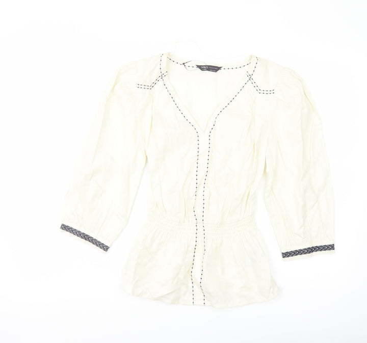 Marks and Spencer Womens Ivory Cotton Basic Blouse Size 6 V-Neck