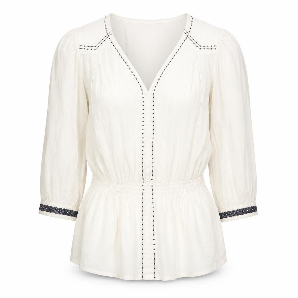 Front view of Marks & Spencer women’s ivory cotton basic blouse, size UK 6, v-neck