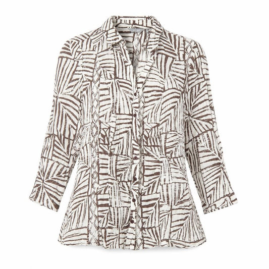 Front view of Per Una women’s beige geometric cotton basic button-up, size UK 10, collared
