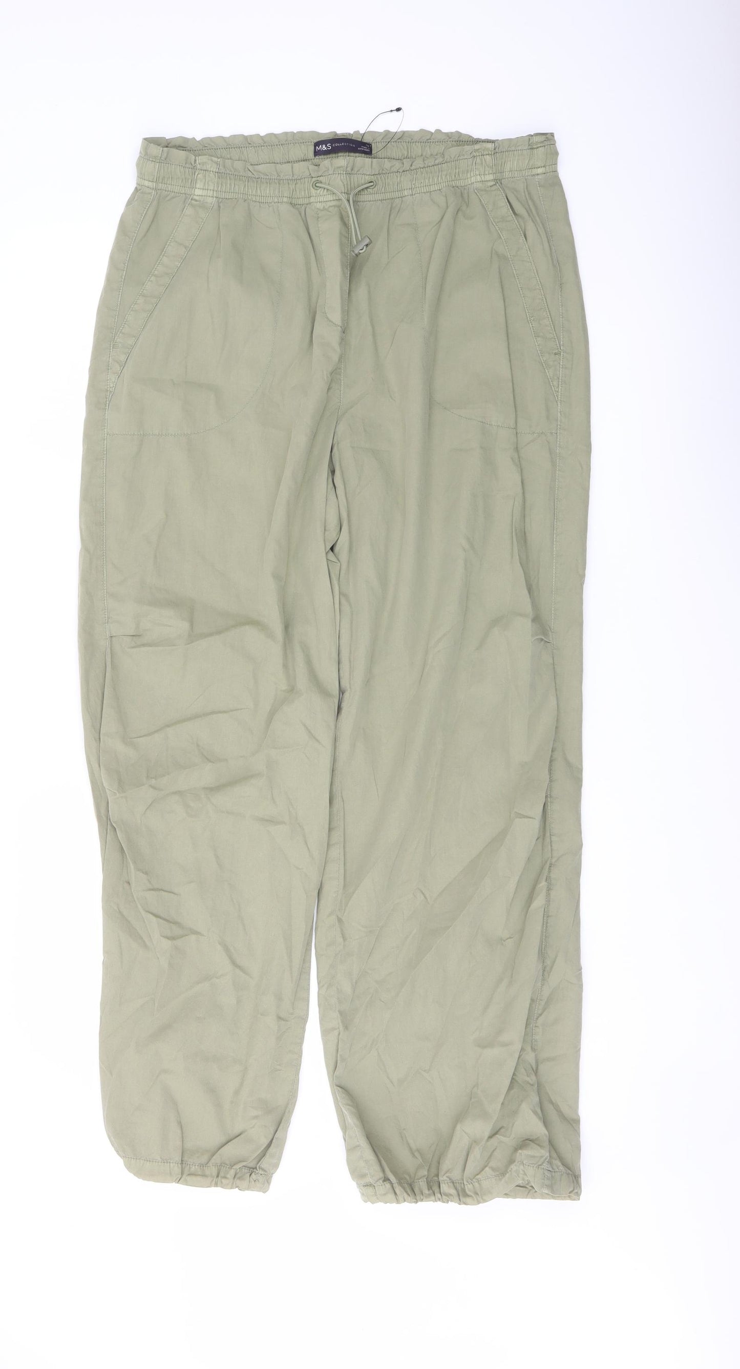 Marks and Spencer Womens Green Cotton Trousers Size 14 L29 in Regular Drawstring