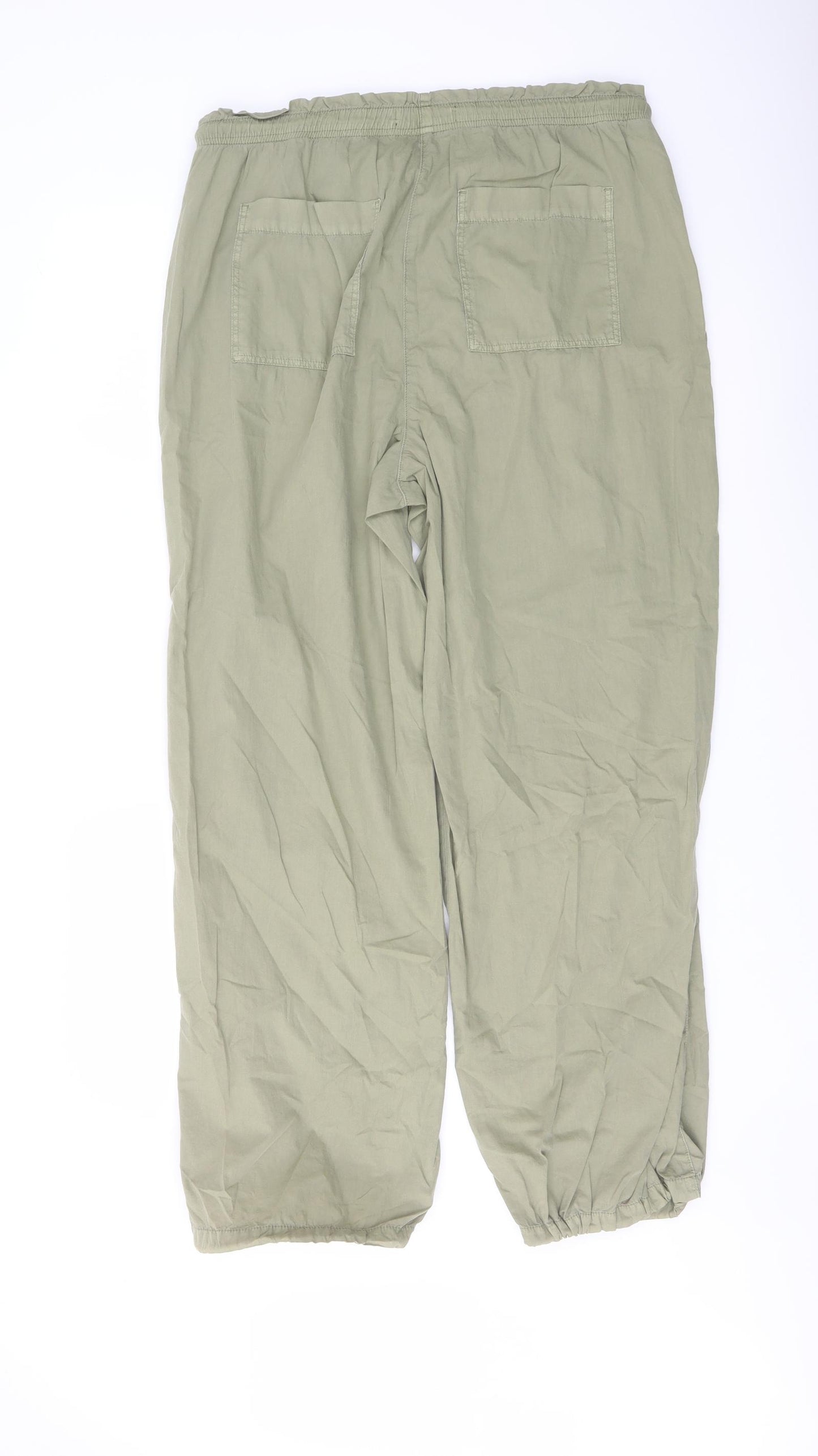 Marks and Spencer Womens Green Cotton Trousers Size 14 L29 in Regular Drawstring