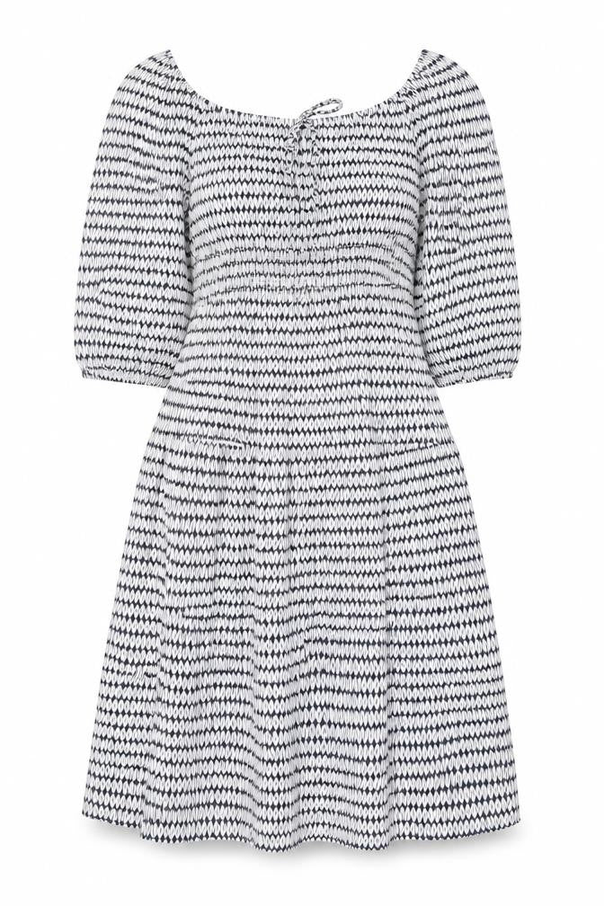 Front view of Marks & Spencer women’s blue geometric viscose a-line, size UK 8, square neck pullover