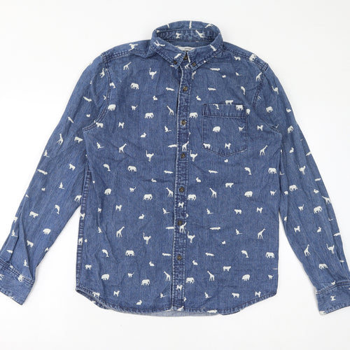 graniph Mens Blue Geometric Cotton Button-Up Size M Collared Button - Animals