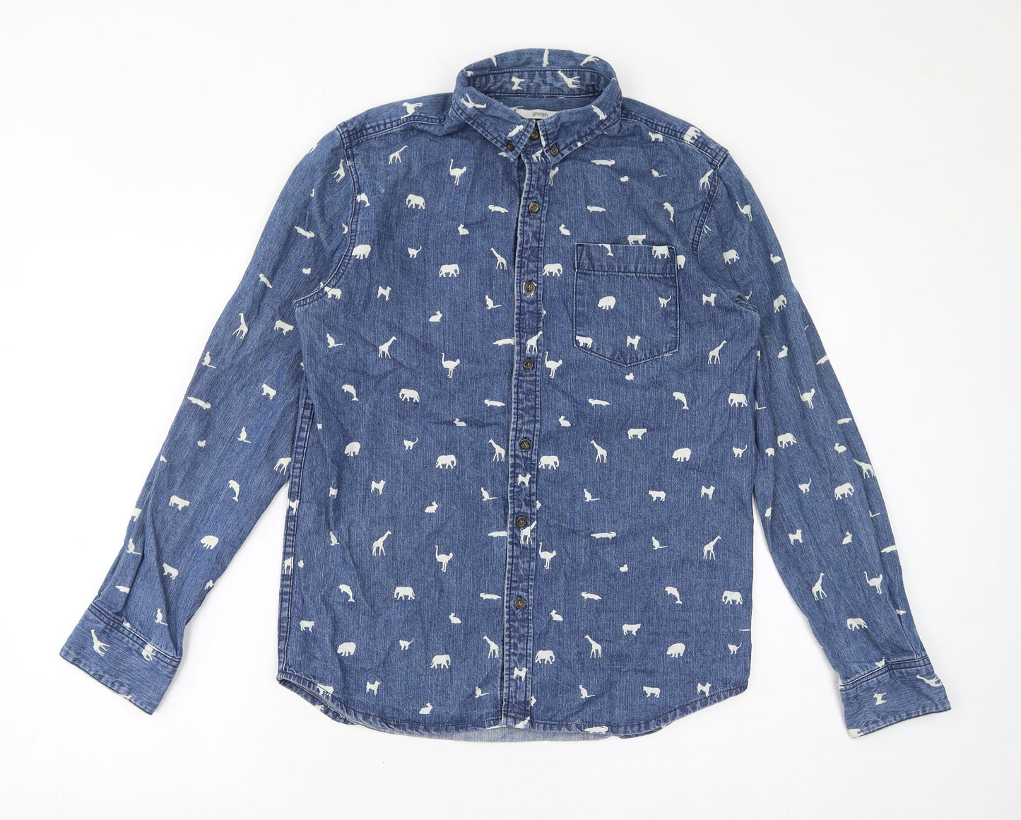 graniph Mens Blue Geometric Cotton Button-Up Size M Collared Button - Animals