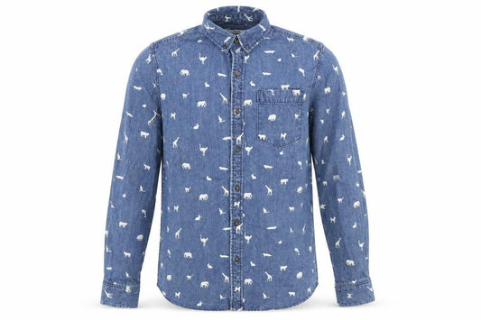 Front view of graniph men’s blue geometric cotton button-up, size M, collared button - animals