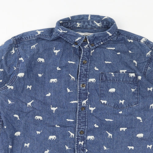 graniph Mens Blue Geometric Cotton Button-Up Size M Collared Button - Animals
