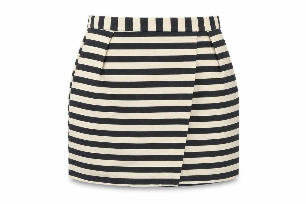 Front view of River Island women’s beige striped polyester a-line skirt, size UK 12, zip
