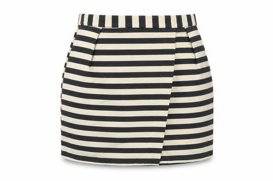 Front view of River Island women’s beige striped polyester a-line skirt, size UK 12, zip