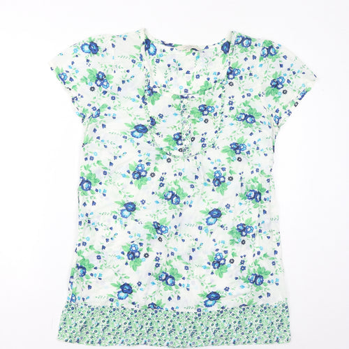 Debenhams Womens White Floral Cotton Basic T-Shirt Size 12 Round Neck - Sequins