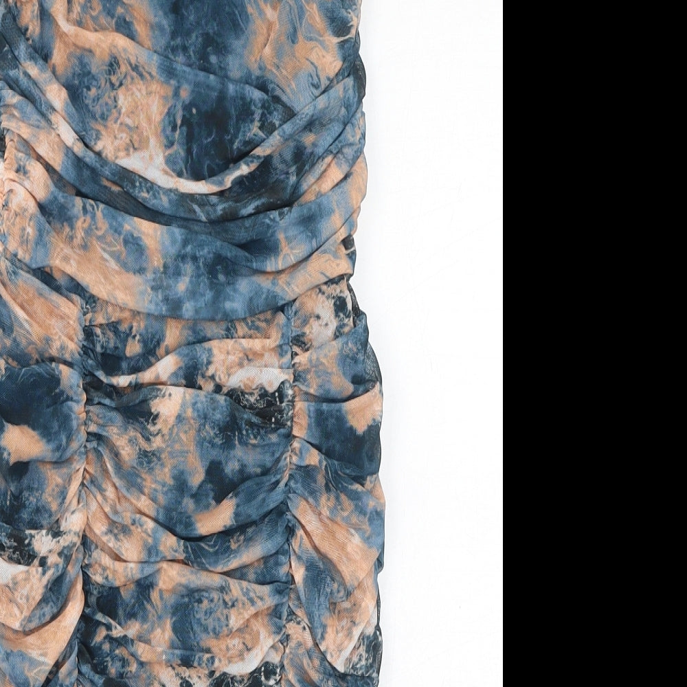 PRETTYLITTLETHING Womens Blue Geometric Polyester Bodycon Size 8 Off the Shoulder Pullover - Mesh