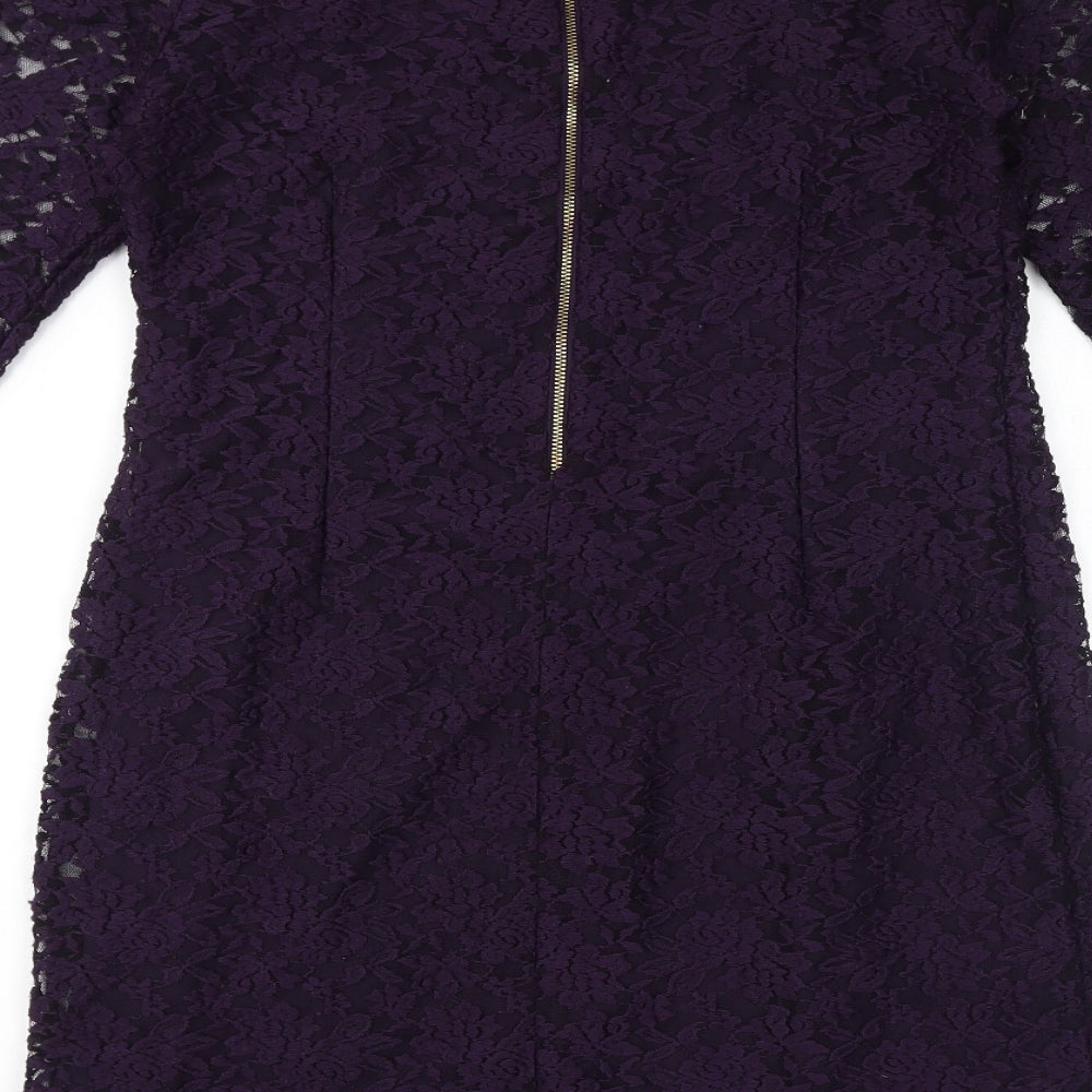 Dunnes Womens Purple Polyester Bodycon Size 12 Round Neck Zip - Lace