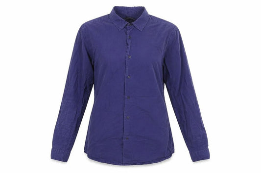Front view of French Connection women’s blue cotton basic button-up, size S, collared